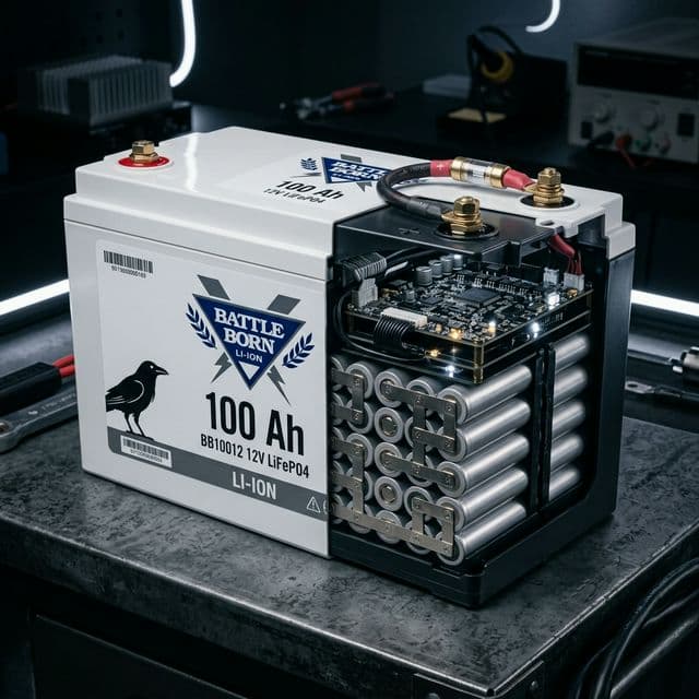 A blue Battle Born 100Ah lithium battery showing high-quality terminal posts and prominent UL listing.