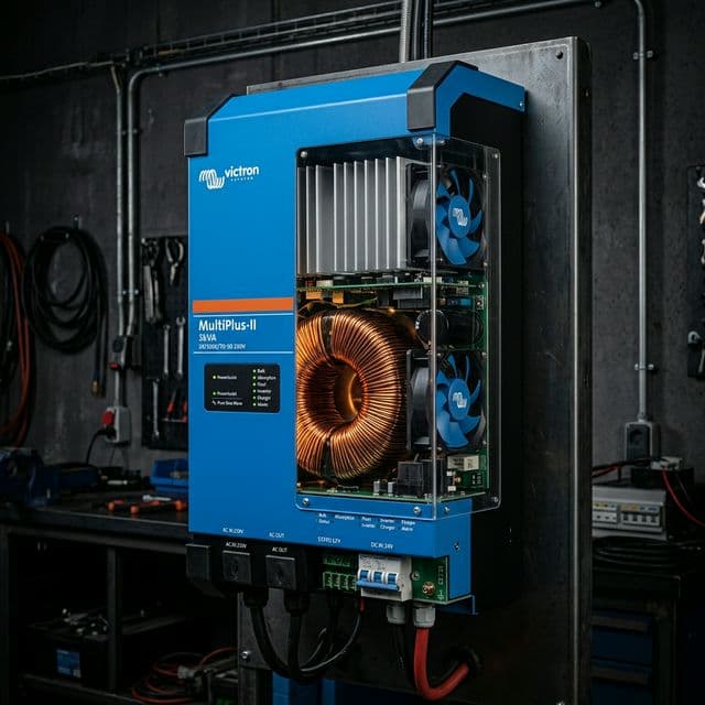 The internals of a Victron MultiPlus-II, showing the massive copper toroidal transformer and the modular circuit design for high-reliability energy conversion.