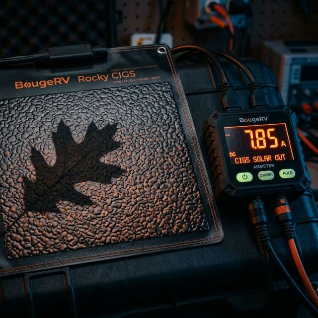 A BougeRV Rocky 200W panel being walked on during installation, demonstrating its unique industrial-grade durability.