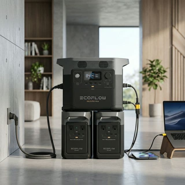 A stack of EcoFlow Delta Pro Ultra battery modules showing the clean industrial design and high-current power connections.