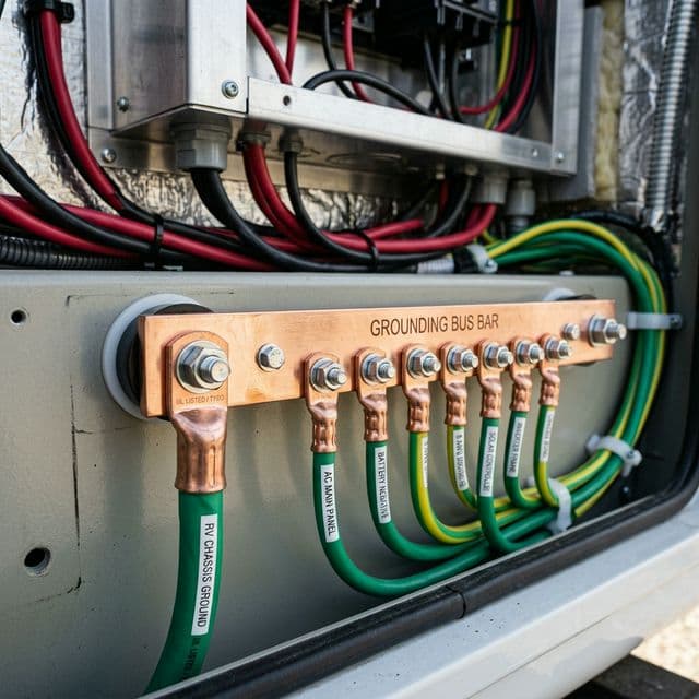 A clean single-point grounding busbar in an RV electrical cabinet, with all green ground wires clearly labeled and secure.