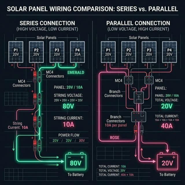 A clear wiring diagram showing four solar panels connected in a series-parallel hybrid configuration, leading to a high-voltage MPPT controller.