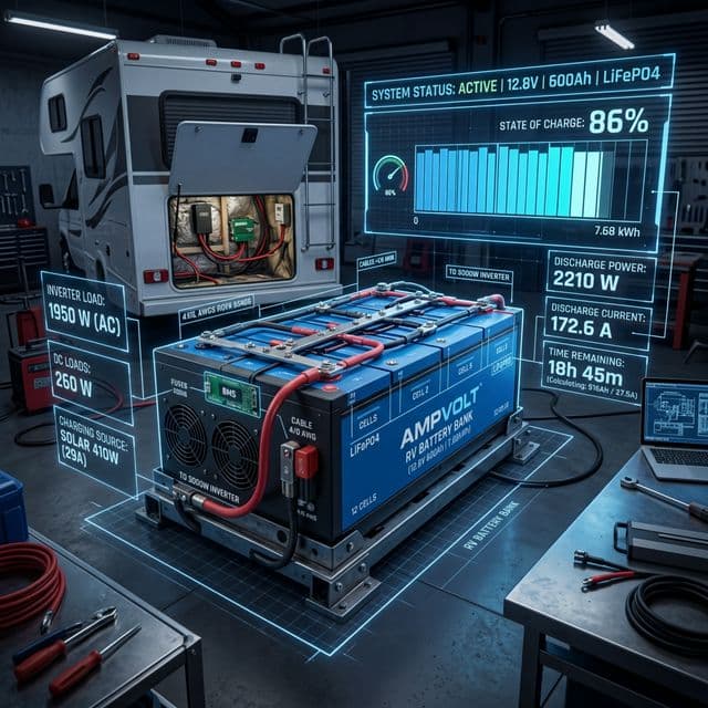 Professional RV battery bank installation showing LiFePO4 batteries and main service fuses.