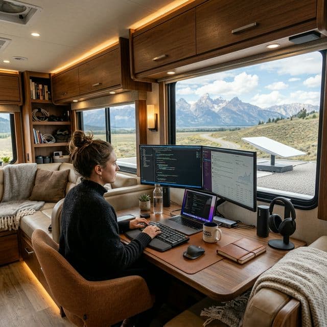 A digital nomad workstation inside a van, featuring a Starlink dish visible through the skylight and a MacBook Pro connected to a high-efficiency DC-DC charger.