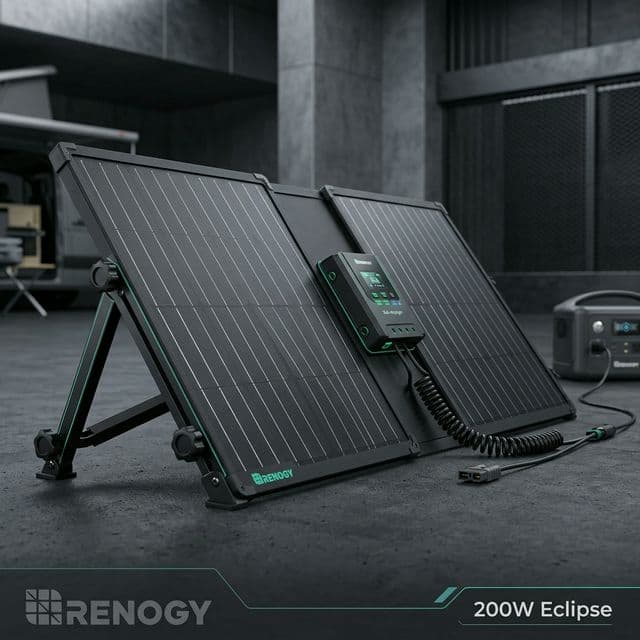A folded Renogy 200W Eclipse solar suitcase in its rugged carry bag, showing the premium handles and storage pockets.