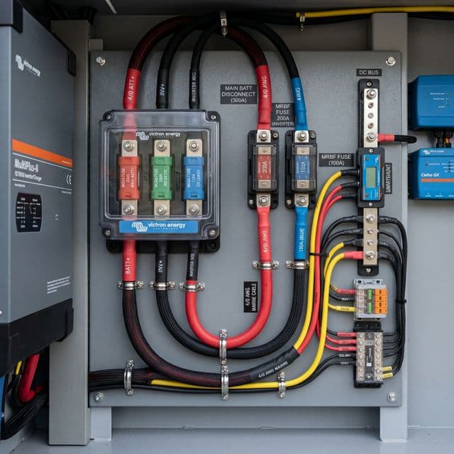 Professional-grade MRBF fuse blocks and 2/0 AWG copper cables installed in a Victron-powered RV system.