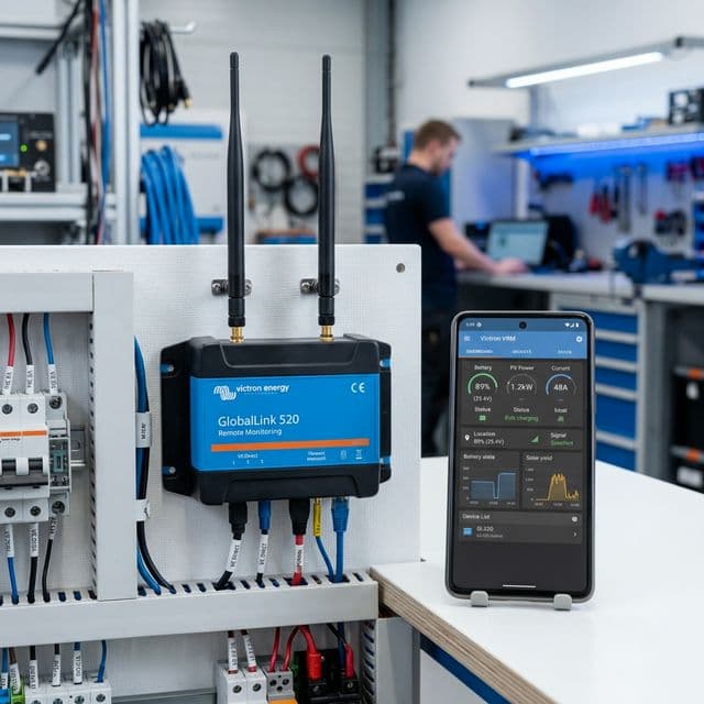 Victron GlobalLink 520 device installed in a clean electrical cabinet, showing VE.Direct connections and LTE-M status lights.